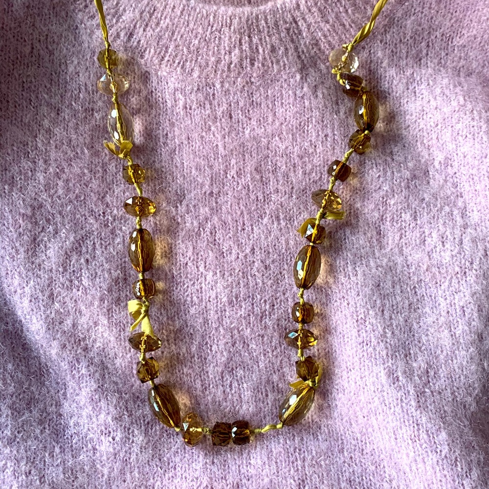Jcrew necklace, olive green beads strung with silk ribbon.